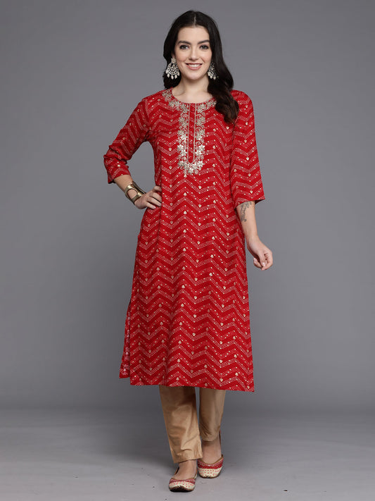 Women Red Printed Straight Kurtas