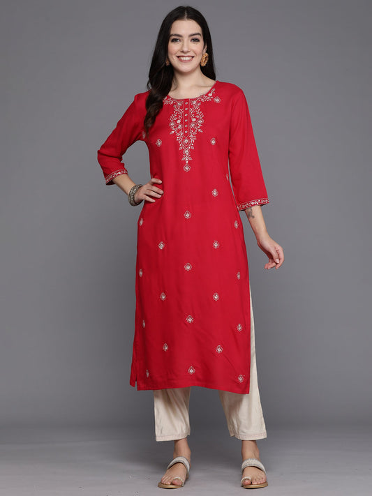 Women Magenta Embroidered Straight Kurtas