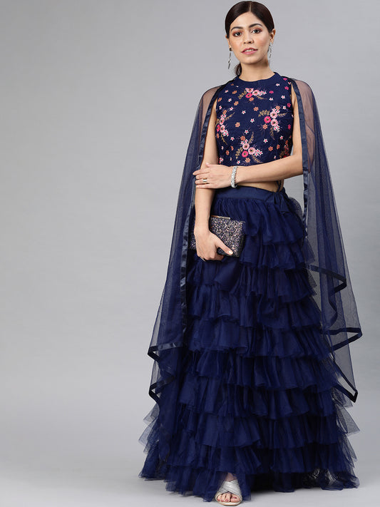 Blue Mesh Ruffle Embroidered Lehenga