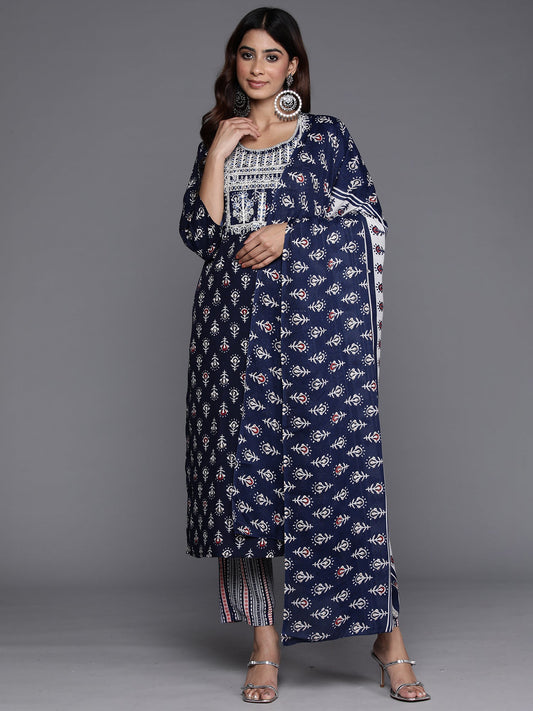 Women Navy Blue Printed Straight Kurta Trousers With Dupatta Set