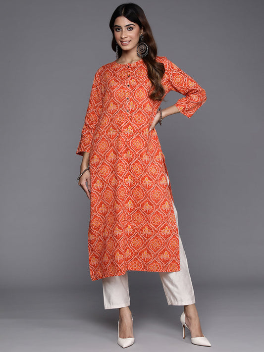 Women Orange Printed Straight Kurtas