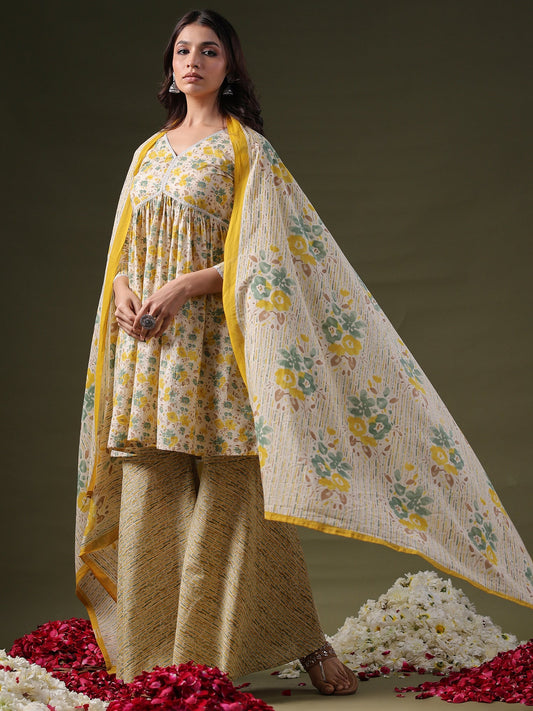 Women Beige Printed A-Line Kurta Sharara With Dupatta Set