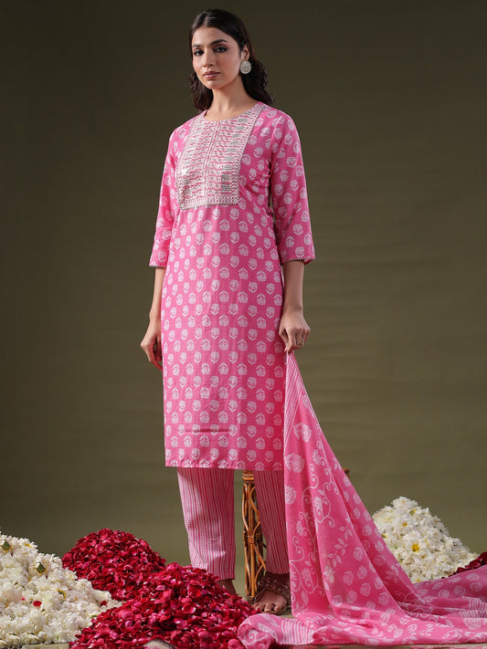 Women Pink Printed Straight Kurta Trousers With Dupatta Set