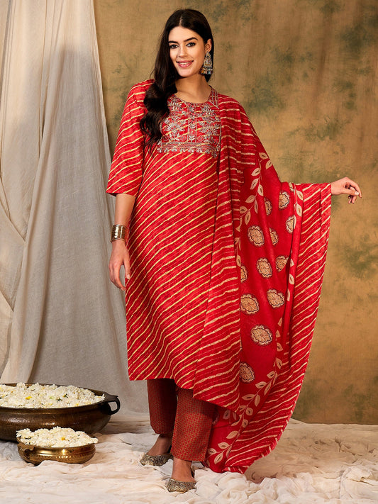 Women Red Printed Straight Kurta Trousers With Dupatta Set