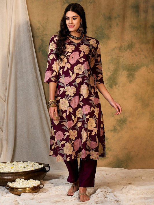 Women Burgundy Printed Straight Kurtas