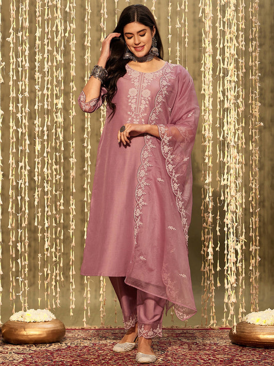 Women Mauve Embroidered Straight Kurta Trousers With Dupatta Set