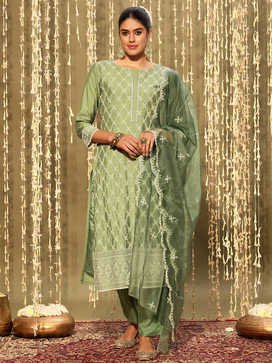 Women Green Embroidered Straight Kurta Trousers With Dupatta Set