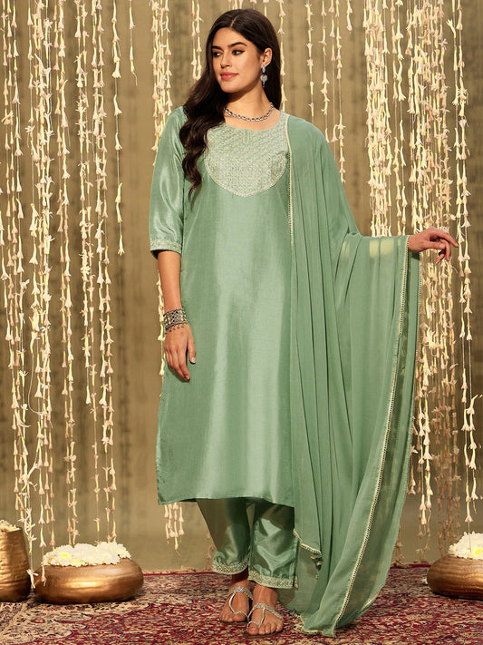 Women Green Embroidered Straight Kurta Trousers With Dupatta Set