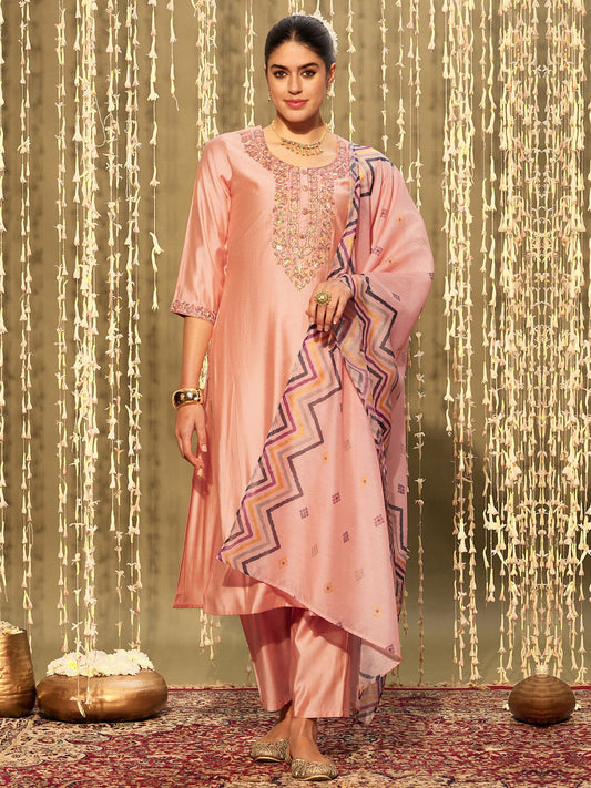 Women Pink Embroidered Straight Kurta Trousers With Dupatta Set