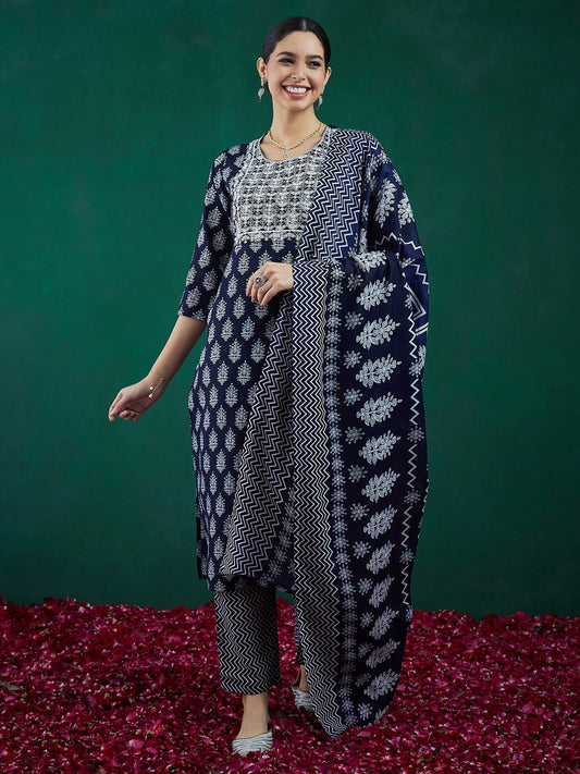 Women Blue Printed Straight Kurta Trousers With Dupatta Set