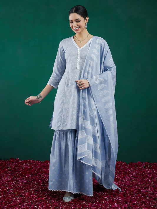 Women Blue Printed Straight Kurta Sharara With Dupatta Set