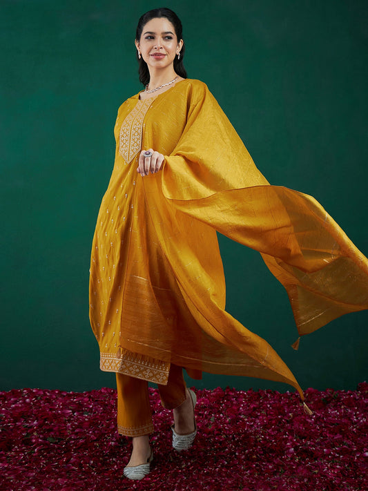 Women Mustard Embroidered Straight Kurta Trousers With Dupatta Set