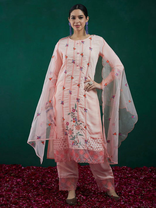 Women Peach Embroidered Straight Kurta Trousers With Dupatta Set