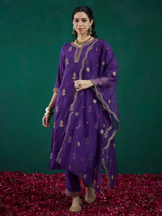 Women Purple Embroidered Straight Kurta Trousers With Dupatta Set