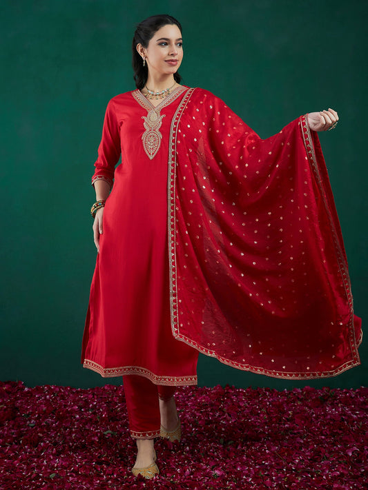 Women Red Embroidered Straight Kurta Trousers With Dupatta Set