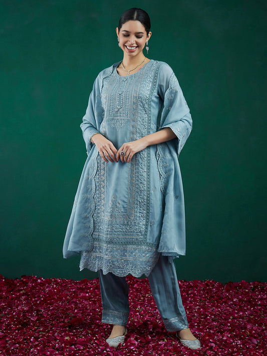 Women Blue Embroidered Straight Kurta Trousers With Dupatta Set