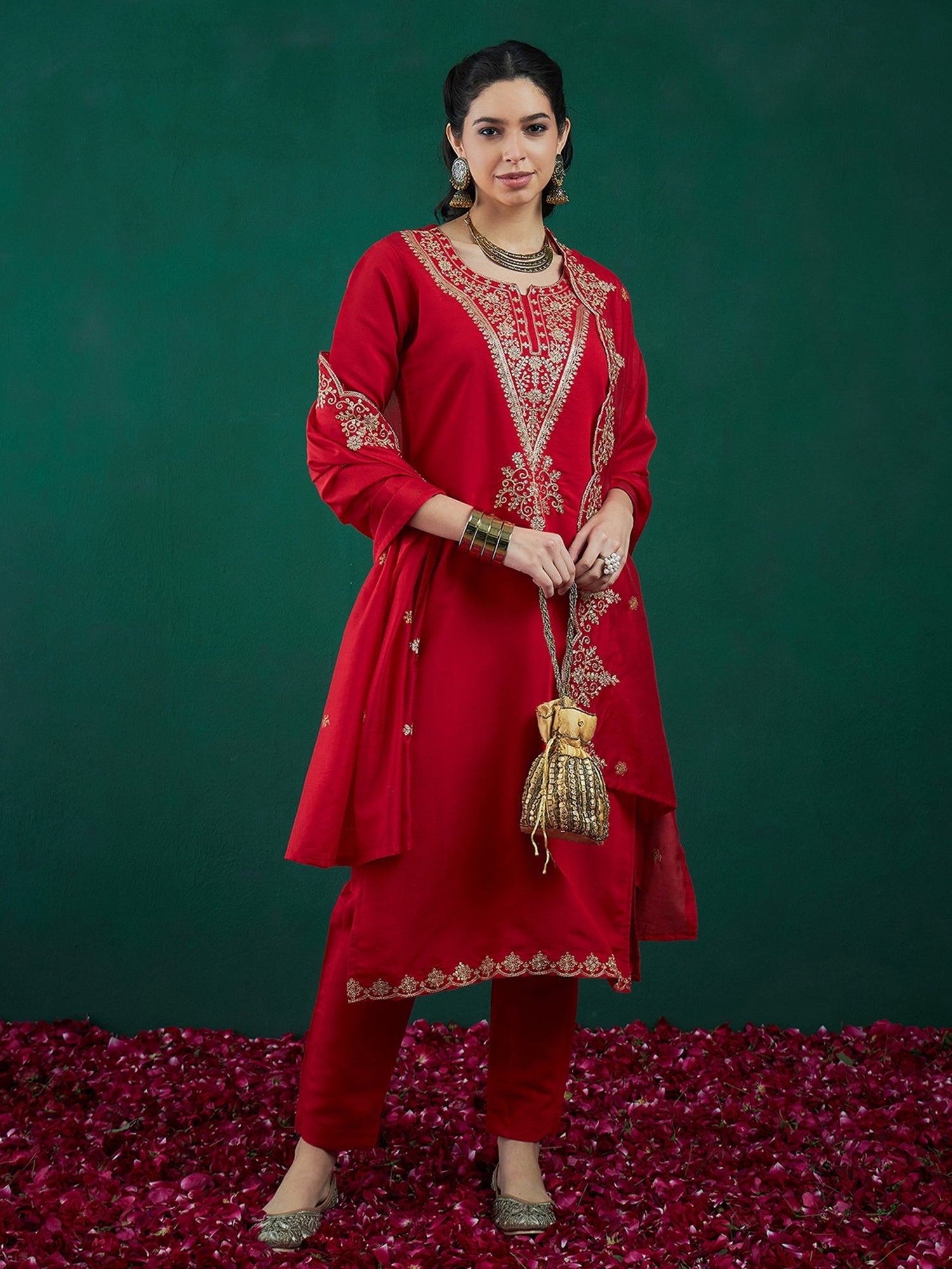 Women Red Embroidered Straight Kurta Trousers With Dupatta Set