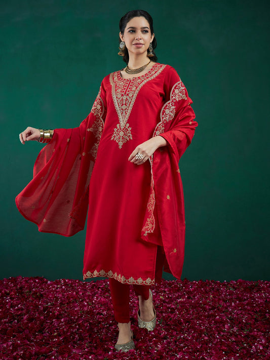 Women Red Embroidered Straight Kurta Trousers With Dupatta Set