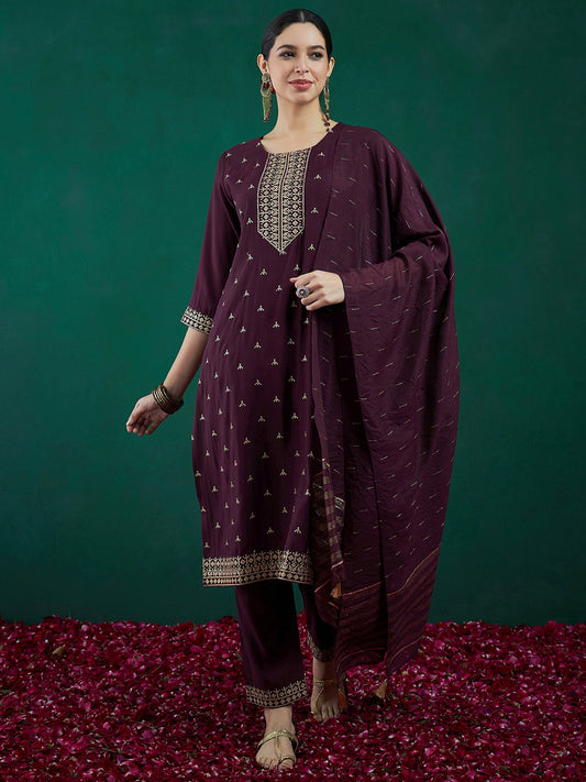 Women Burgundy Embroidered Straight Kurta Trousers With Dupatta Set