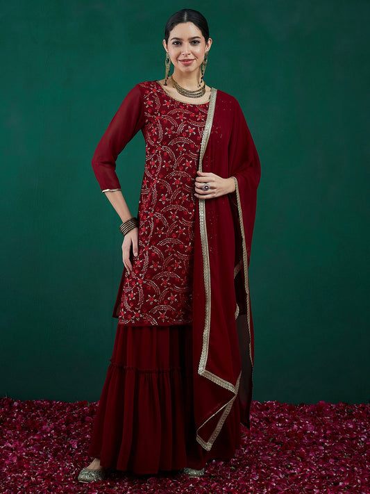 Women Maroon Embroidered Straight Kurta Sharara With Dupatta Set