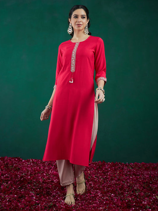 Women Pink Embroidered Straight Kurtas