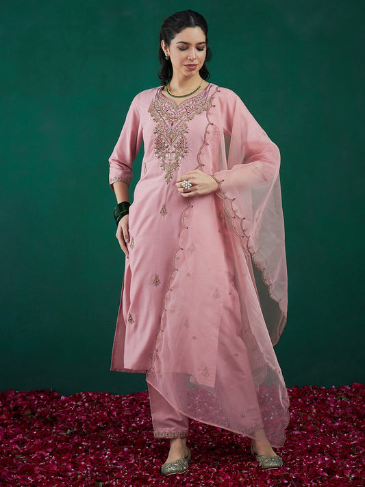 Women Pink Embroidered Straight Kurta Trousers With Dupatta Set