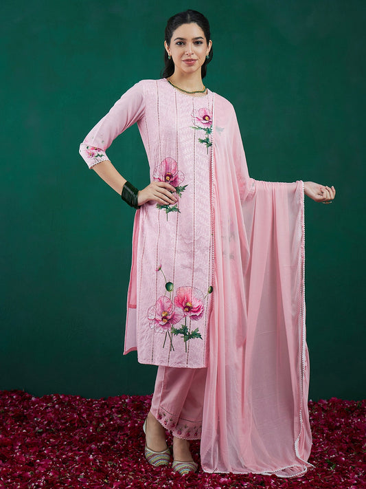 Women Peach Printed Straight Kurta Trousers With Dupatta Set