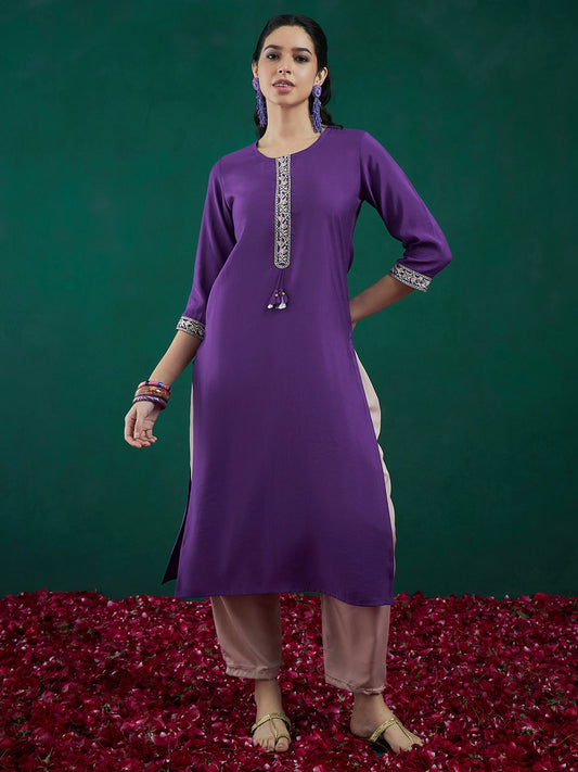 Women Purple Embroidered Straight Kurtas