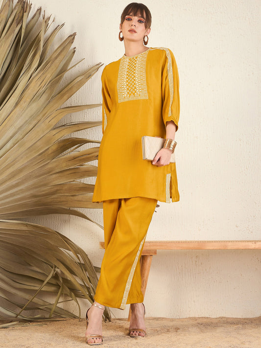 Women Yellow Solid Co-Ords With Trousers Set