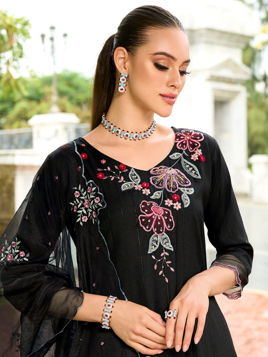 Women Black Embroidered Straight Kurta Trousers With Dupatta Set