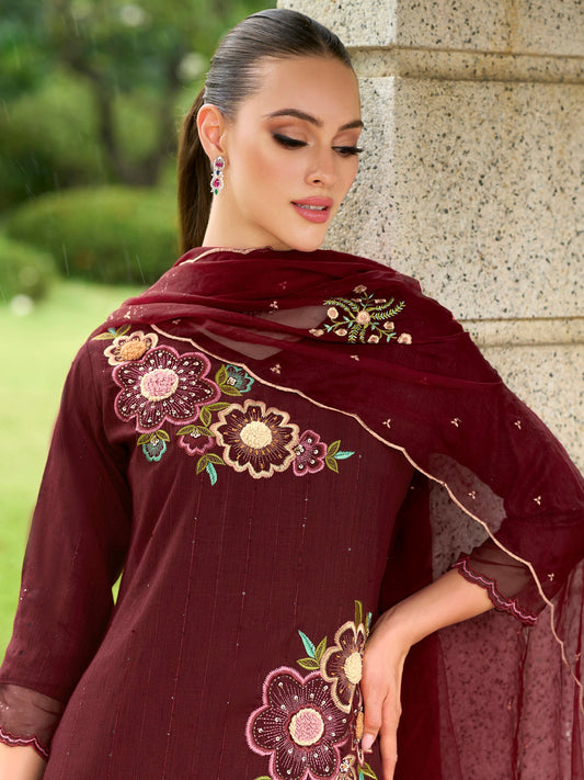 Women Maroon Embroidered Straight Kurta Trousers With Dupatta Set