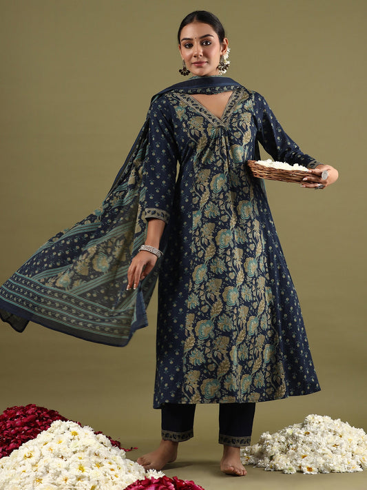 Women Blue Printed A-Line Kurta Trousers With Dupatta Set