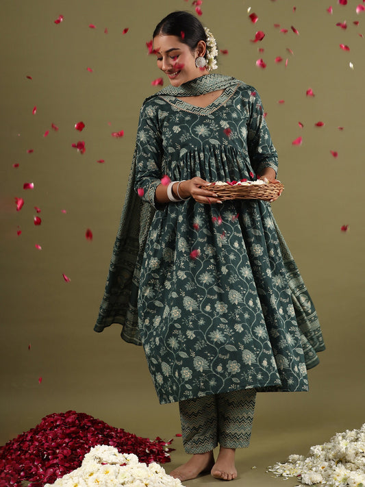 Women Green Printed A-Line Kurta Trousers With Dupatta Set