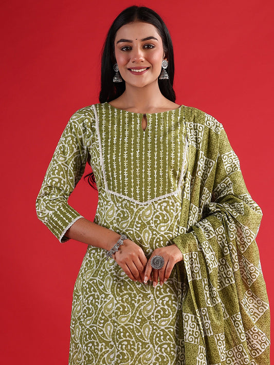 Women Green Printed Straight Kurta Trousers With Dupatta Set