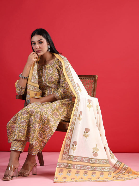 Women Yellow Printed Straight Kurta Trousers With Dupatta Set