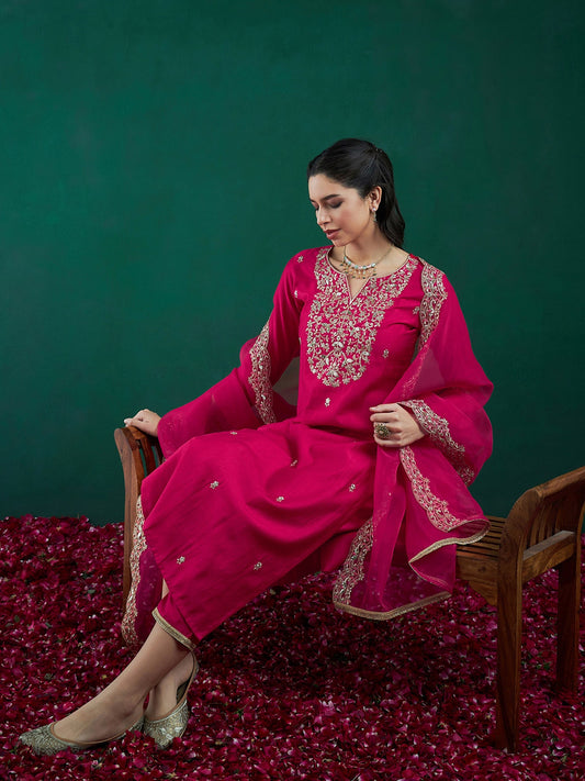 Women Pink Embroidered Straight Kurta Trousers With Dupatta Set