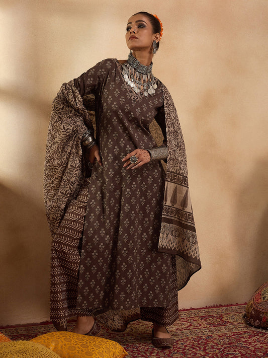 Women Brown Printed Straight Kurta Palazzos With Dupatta Set