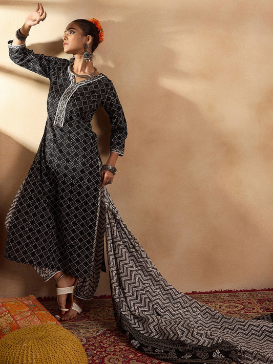 Women Black Printed Straight Kurta Salwar With Dupatta Set