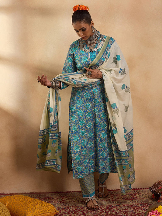 Women Blue Printed Straight Kurta Trousers With Dupatta Set