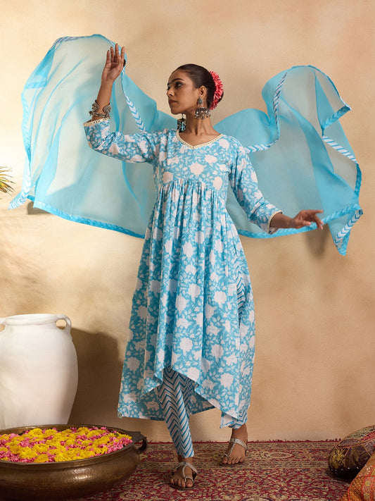 Women Blue Printed A-Line Kurta Trousers With Dupatta Set