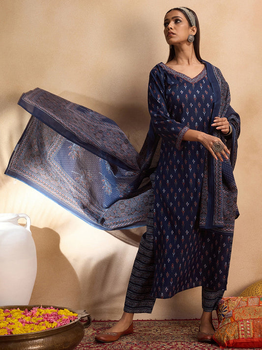 Women Blue Printed Straight Kurta Trousers With Dupatta Set