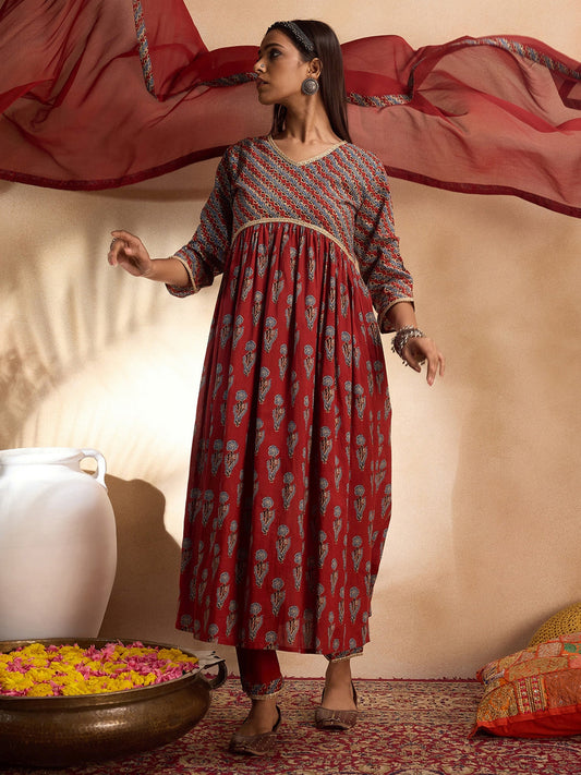 Women Rust Printed A-Line Kurta Trousers With Dupatta Set