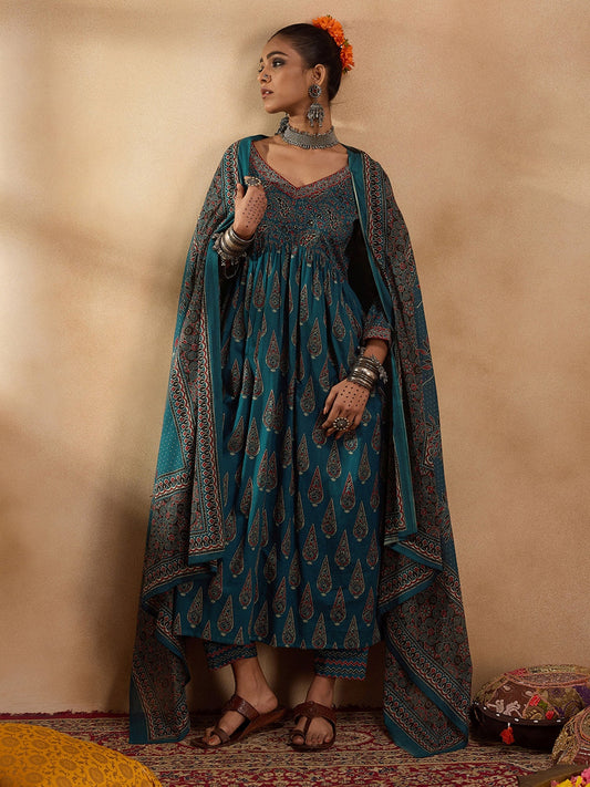 Women Teal Printed A-Line Kurta Trousers With Dupatta Set