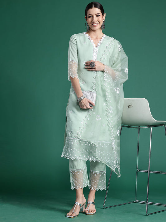 Women Sea Green Embroidered Straight Kurta Trousers With Dupatta Set