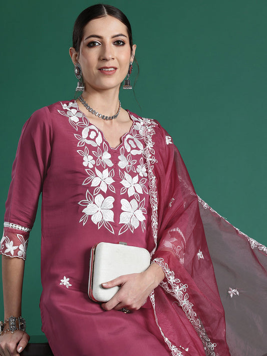 Women Pink Embroidered Straight Kurta Trousers With Dupatta Set