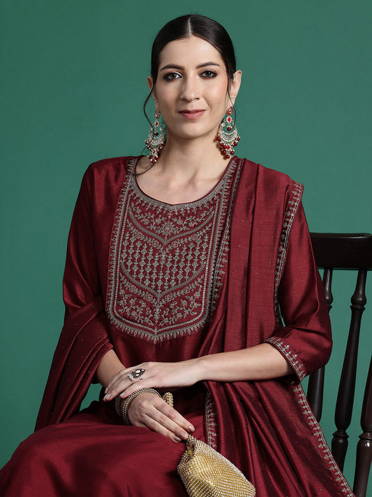 Women Maroon Embroidered Straight Kurta Trousers With Dupatta Set