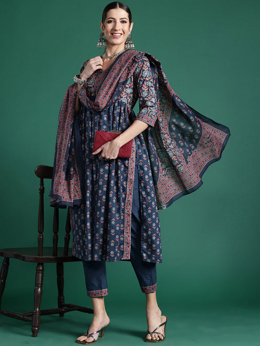 Women Blue Printed A-Line Kurta Trousers With Dupatta Set