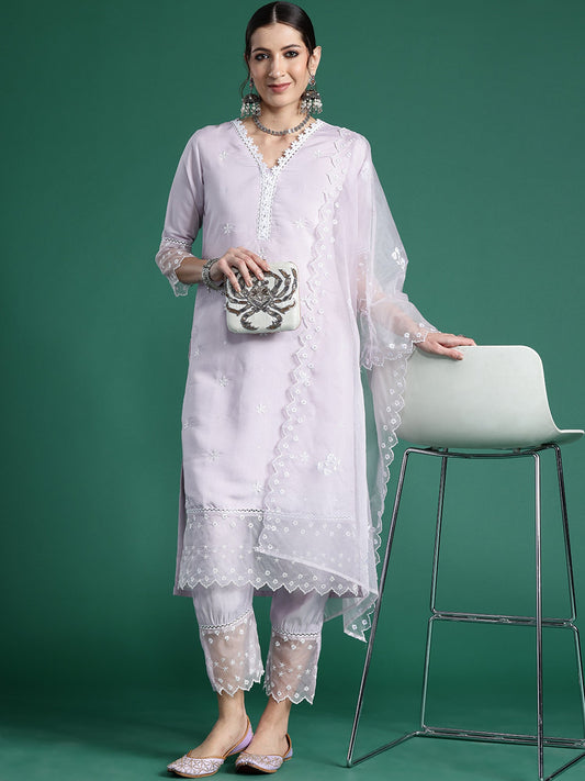 Women Lavender Embroidered Straight Kurta Trousers With Dupatta Set