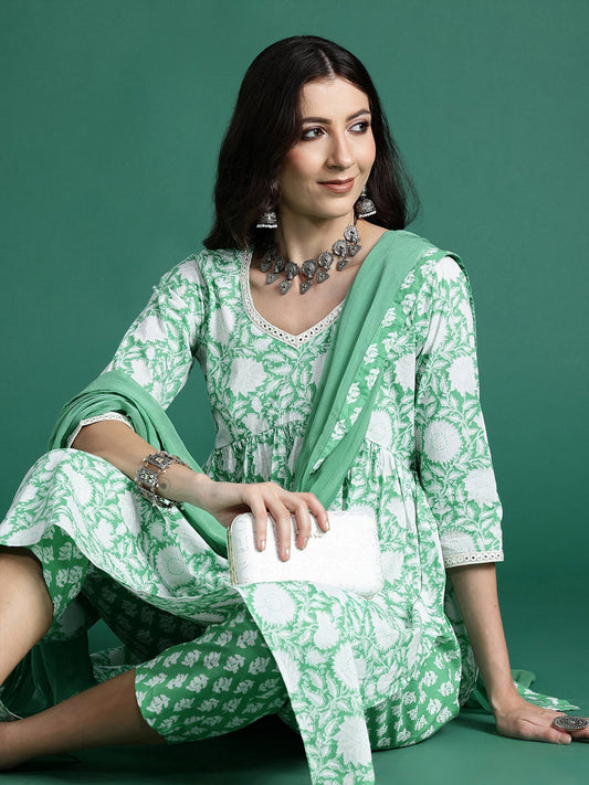 Women Green Printed A-Line Kurta Trousers With Dupatta Set