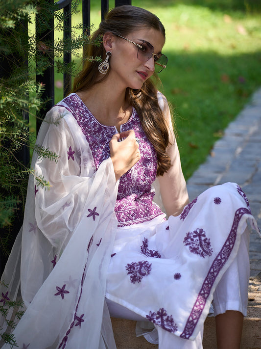 Women White Embroidered Straight Kurta Trousers With Dupatta Set